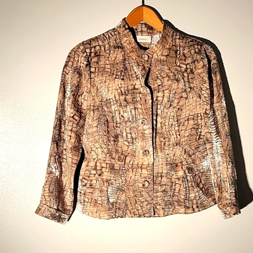 Chico's Women's Brown Snakeskin Pattern Lightweight Button Up Jacket, Size 1 M